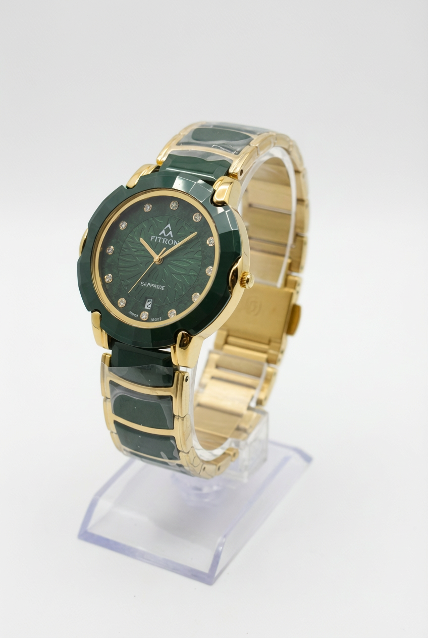 Fitron Men’s Luxury Quartz Watch - Emerald Green Dial with Gold Stainless Steel Band - Sapphire Crystal