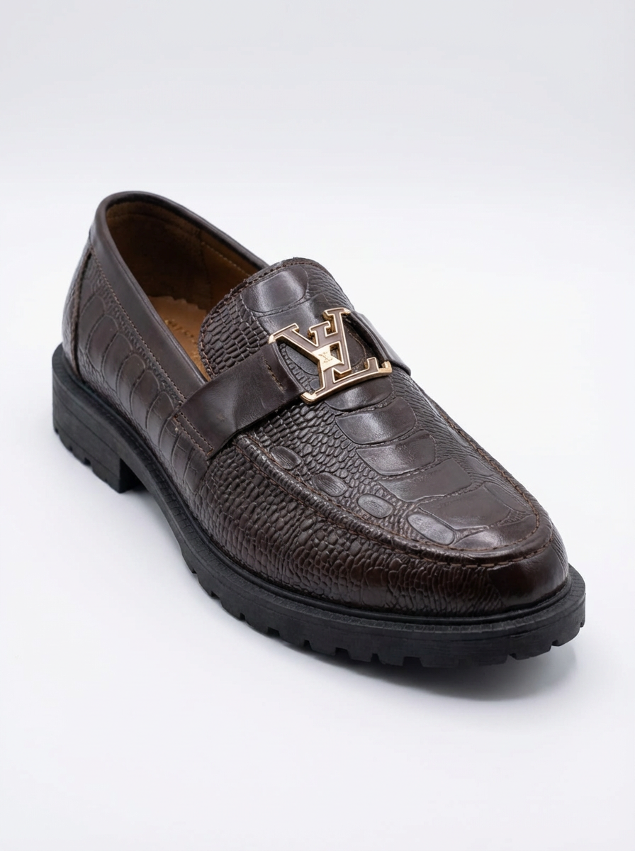 Men’s Luxury Crocodile Texture Loafers – Stylish Slip-On Formal & Casual Shoes with Metal Buckle – Comfortable Rubber Sole