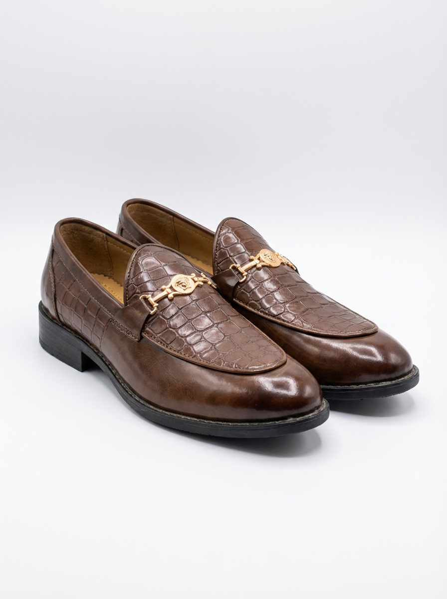 Men’s Premium Brown Crocodile Texture Loafers – Luxury Metal Buckle Formal Shoes for Men – Stylish Slip-On Office & Party Wear