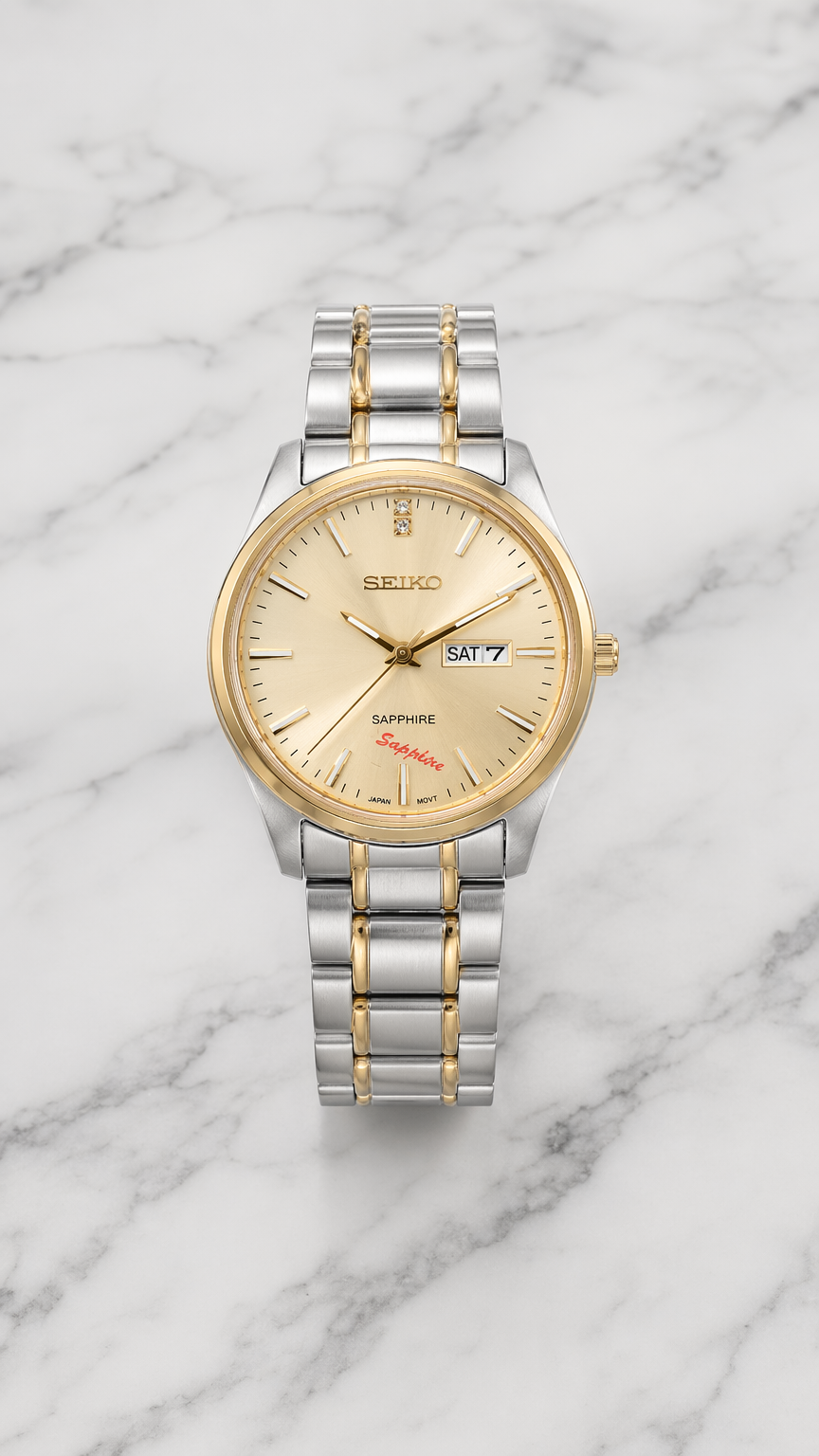 Classic Two-Tone Stainless Steel Watch with Gold Dial & Day-Date Display