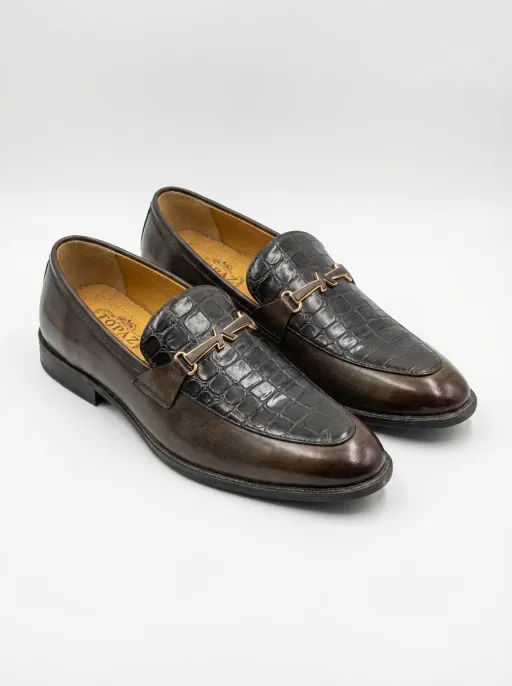 Men’s Brown Crocodile Texture Slip-On Loafers – Classic Formal Dress Shoes for Men