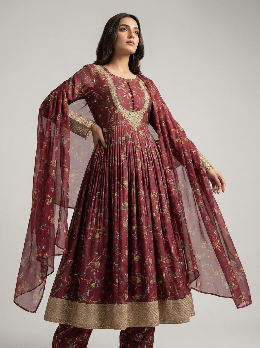 Women 3 Piece Embroidered Suit β Maroon Floral Printed Shirt with Dupatta & Trouser | Party & Festive Wear