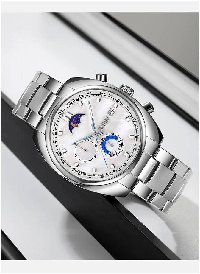 SKMEI Luxury Moon Phase Stainless Steel Watch โ Multi-Function Dial with Date & World Time