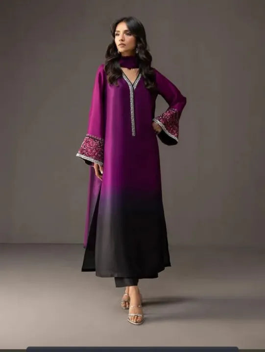Ombre Embroidered stitched Suit Set Purple 3 piece