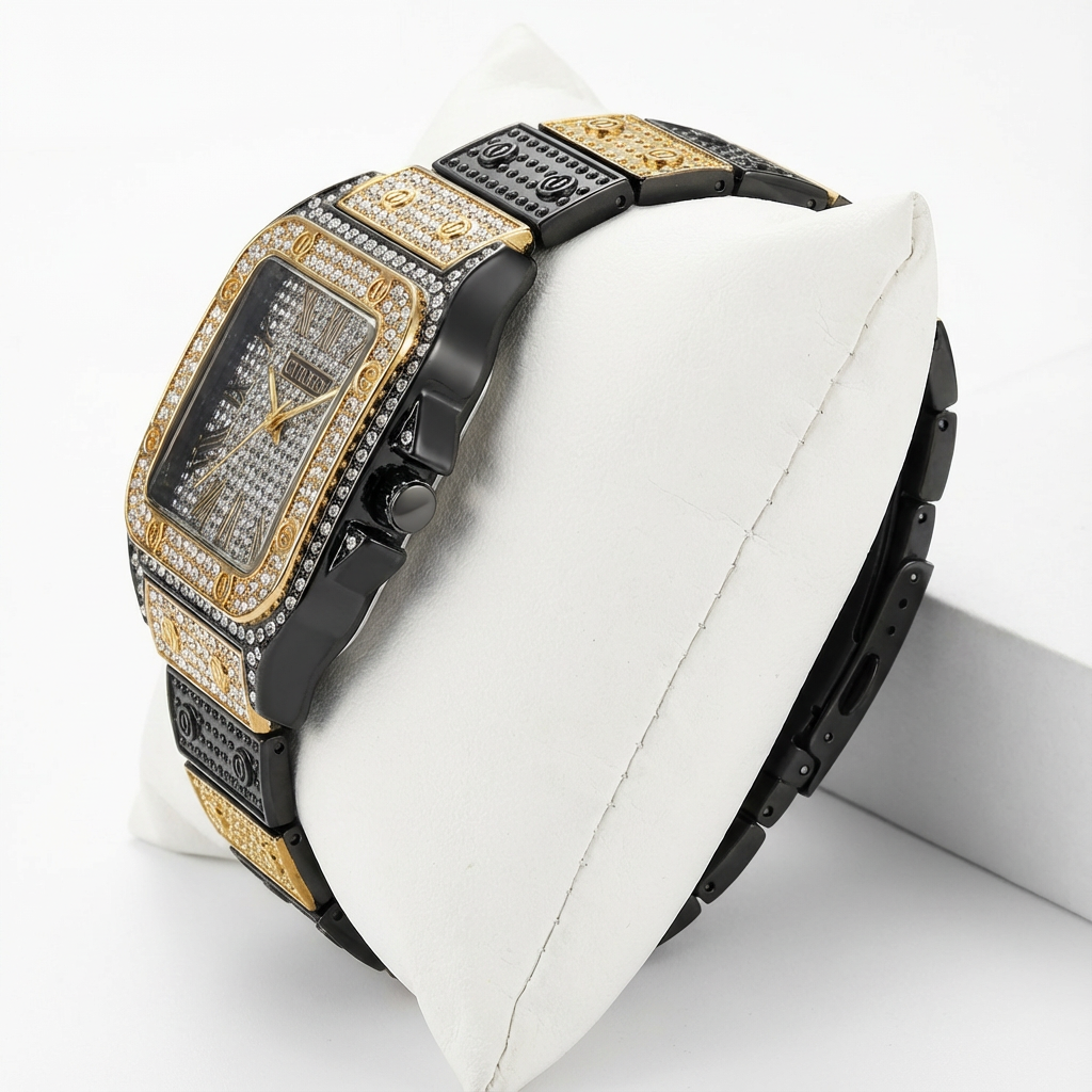 Luxury Square Dial Men’s Watch – Crystal Studded Gold & Black Quartz Wrist Watch