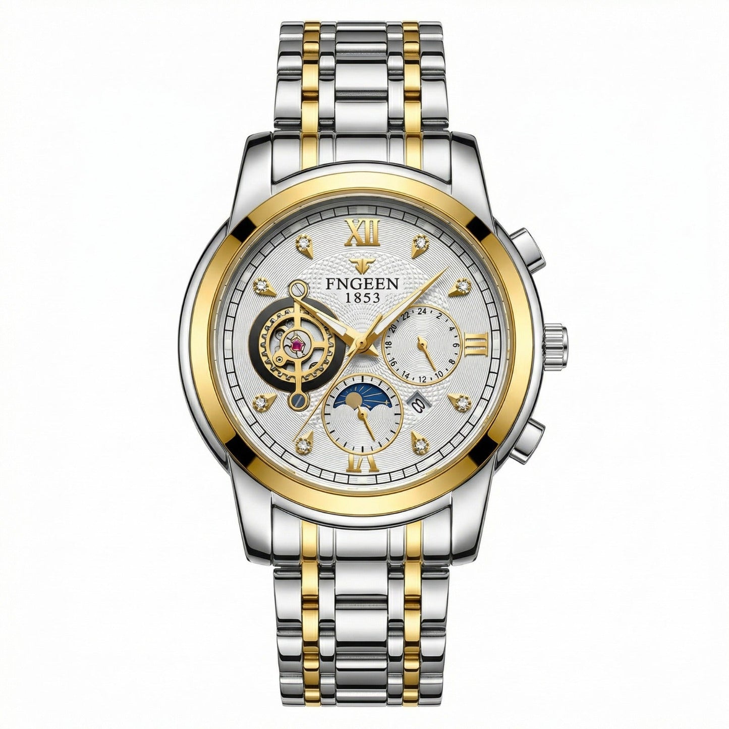 FNGEEN 1853 Luxury Men’s Watch – Stainless Steel Two-Tone Strap, Skeleton Dial, Multi-Function