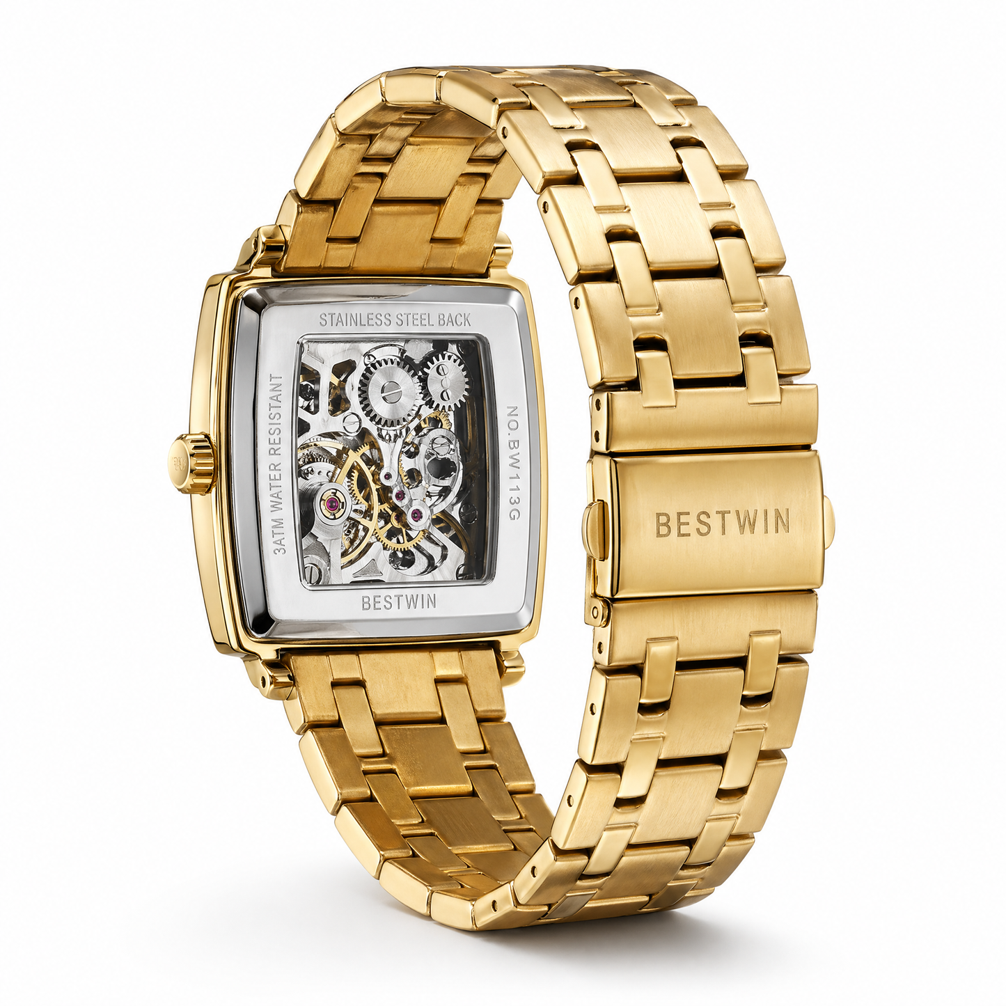 Luxury Gold Skeleton Square Watch – Premium Stainless Steel Designer Timepiece