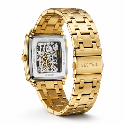 Luxury Gold Skeleton Square Watch – Premium Stainless Steel Designer Timepiece