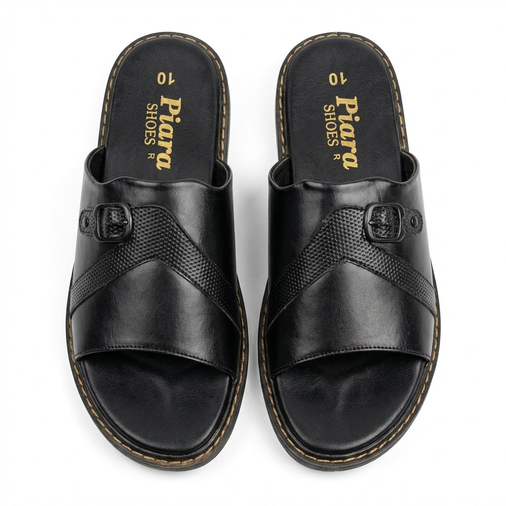 Men’s Black Leather Slide Sandals with Adjustable Buckle – Comfortable Casual Slip-On Slippers
