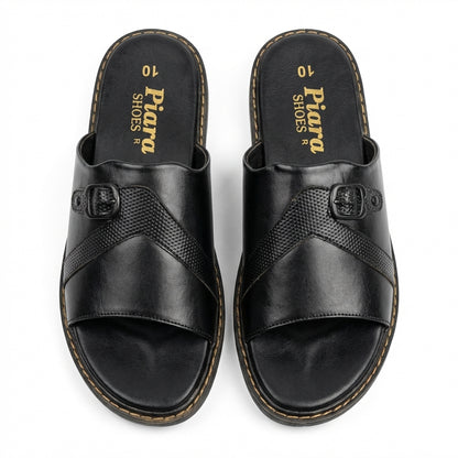Men’s Black Leather Slide Sandals with Adjustable Buckle – Comfortable Casual Slip-On Slippers