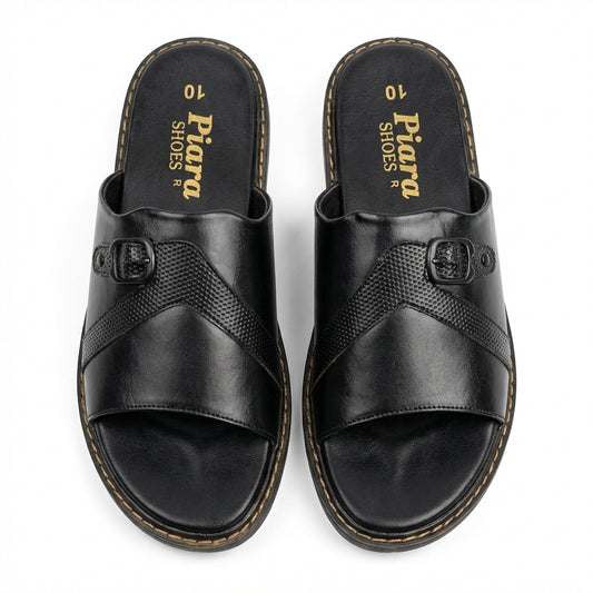 Men’s Black Leather Slide Sandals with Adjustable Buckle – Comfortable Casual Slip-On Slippers