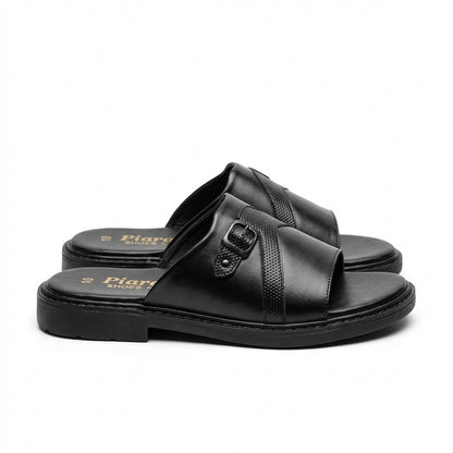 Men’s Black Leather Slide Sandals with Adjustable Buckle – Comfortable Casual Slip-On Slippers