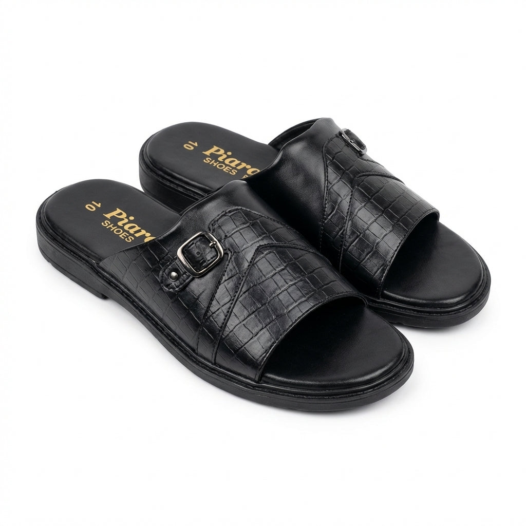 Men’s Black Leather Slide Sandals with Adjustable Buckle – Comfortable Casual Slip-On Slippers