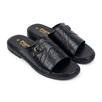 Men’s Black Leather Slide Sandals with Adjustable Buckle – Comfortable Casual Slip-On Slippers