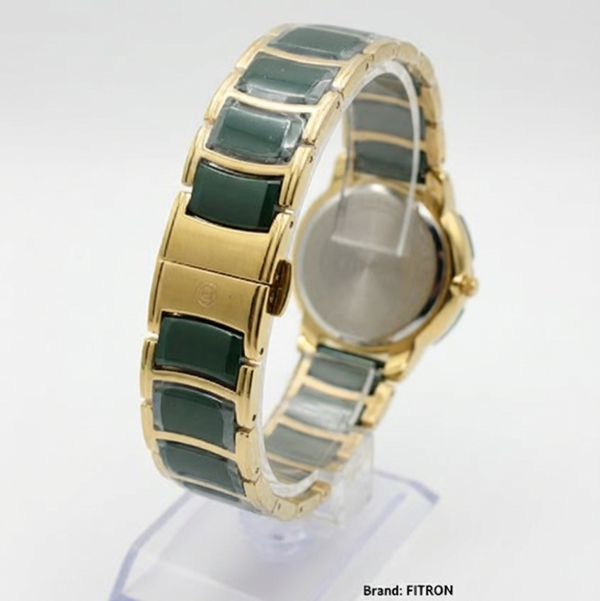 Fitron Men’s Luxury Quartz Watch - Emerald Green Dial with Gold Stainless Steel Band - Sapphire Crystal
