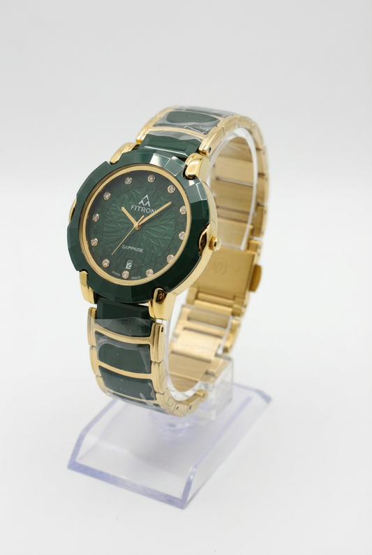 Fitron Men’s Luxury Quartz Watch - Emerald Green Dial with Gold Stainless Steel Band - Sapphire Crystal
