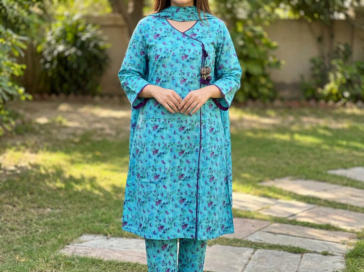 Floral Printed Banadora 3-Piece Suite – Sky Blue Angrakha Style