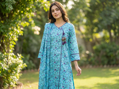 Floral Printed Banadora 3-Piece Suite – Sky Blue Angrakha Style