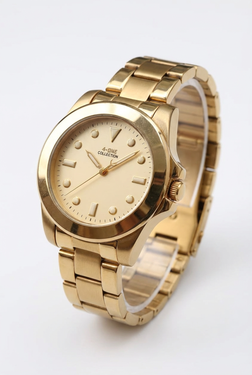 4-ONE COLLECTION Luxury Men's Gold Watch - Premium Stainless Steel Chain - Analog Quartz Gold Dial Wristwatch for Men
