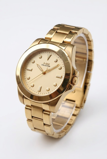 4-ONE COLLECTION Luxury Men's Gold Watch - Premium Stainless Steel Chain - Analog Quartz Gold Dial Wristwatch for Men