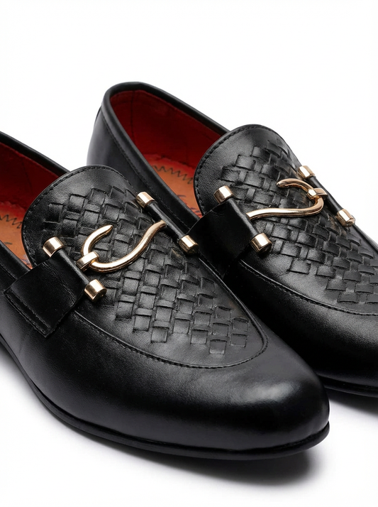 Men's Elite Woven Leather Party Wear Loafers - Black Formal Slip-Ons with Gold Metallic Accent