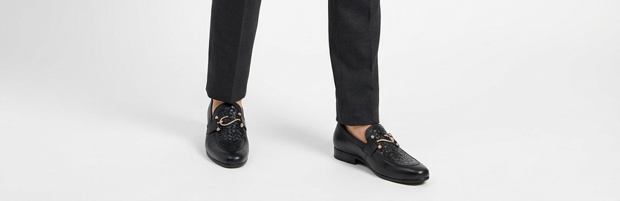 Men's Elite Woven Leather Party Wear Loafers - Black Formal Slip-Ons with Gold Metallic Accent
