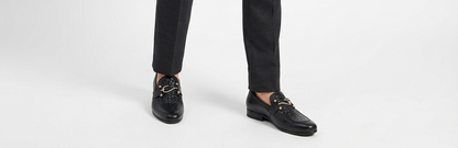 Men's Elite Woven Leather Party Wear Loafers - Black Formal Slip-Ons with Gold Metallic Accent