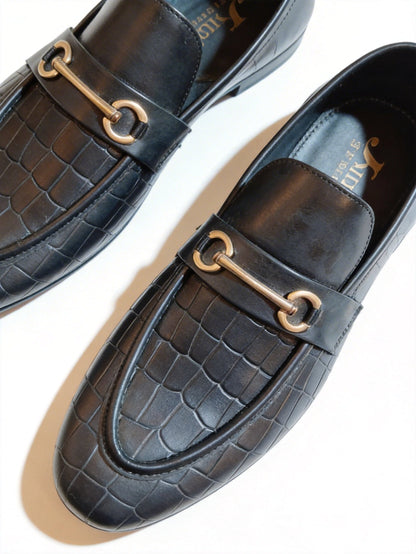Men’s Black Crocodile Texture Loafers with Gold Horsebit – Luxury Slip-On Formal Dress Shoes