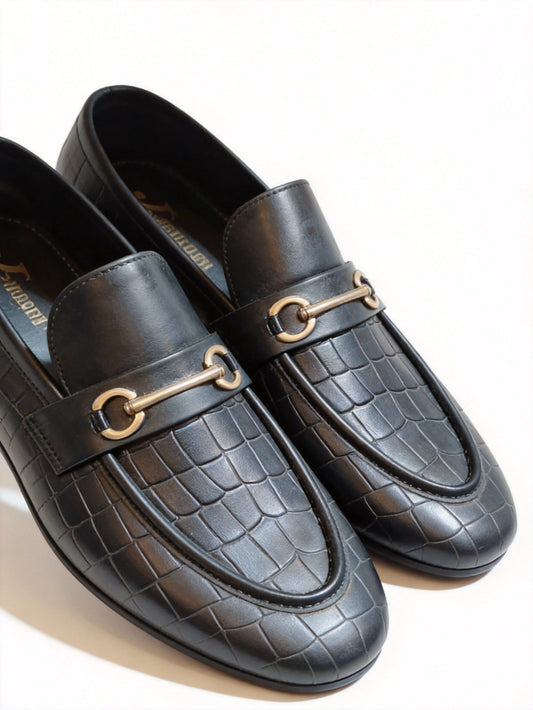 Men’s Black Crocodile Texture Loafers with Gold Horsebit – Luxury Slip-On Formal Dress Shoes