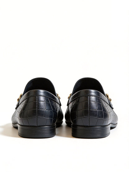Men’s Black Crocodile Texture Loafers with Gold Horsebit – Luxury Slip-On Formal Dress Shoes