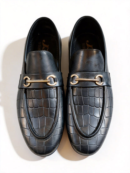 Men’s Black Crocodile Texture Loafers with Gold Horsebit – Luxury Slip-On Formal Dress Shoes