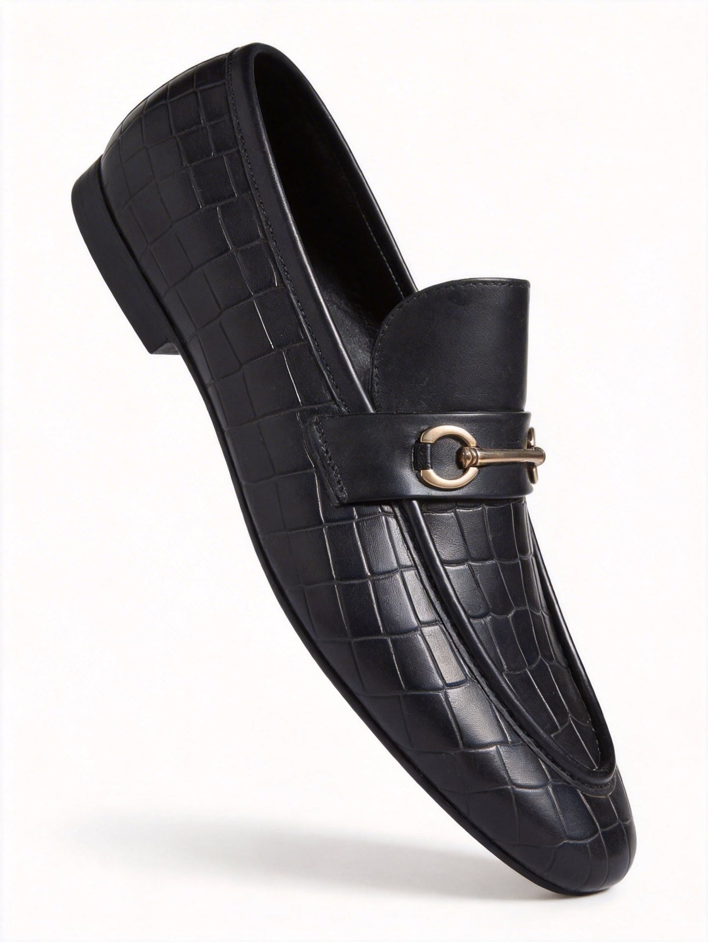 Men’s Black Crocodile Texture Loafers with Gold Horsebit – Luxury Slip-On Formal Dress Shoes
