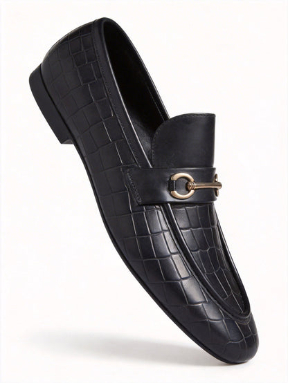 Men’s Black Crocodile Texture Loafers with Gold Horsebit – Luxury Slip-On Formal Dress Shoes