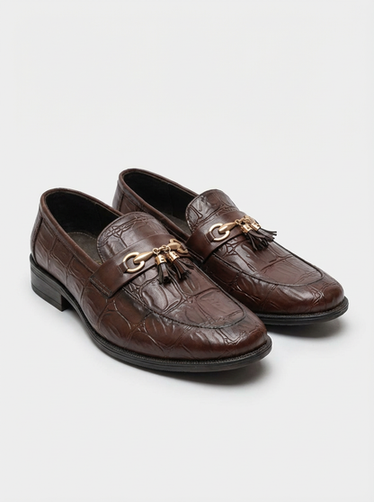 Premium Brown Crocodile Pattern Men’s Loafers – Luxury Tassel Slip-On Formal Shoes