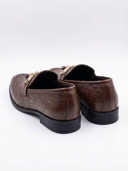 Premium Brown Crocodile Pattern Men’s Loafers – Luxury Tassel Slip-On Formal Shoes