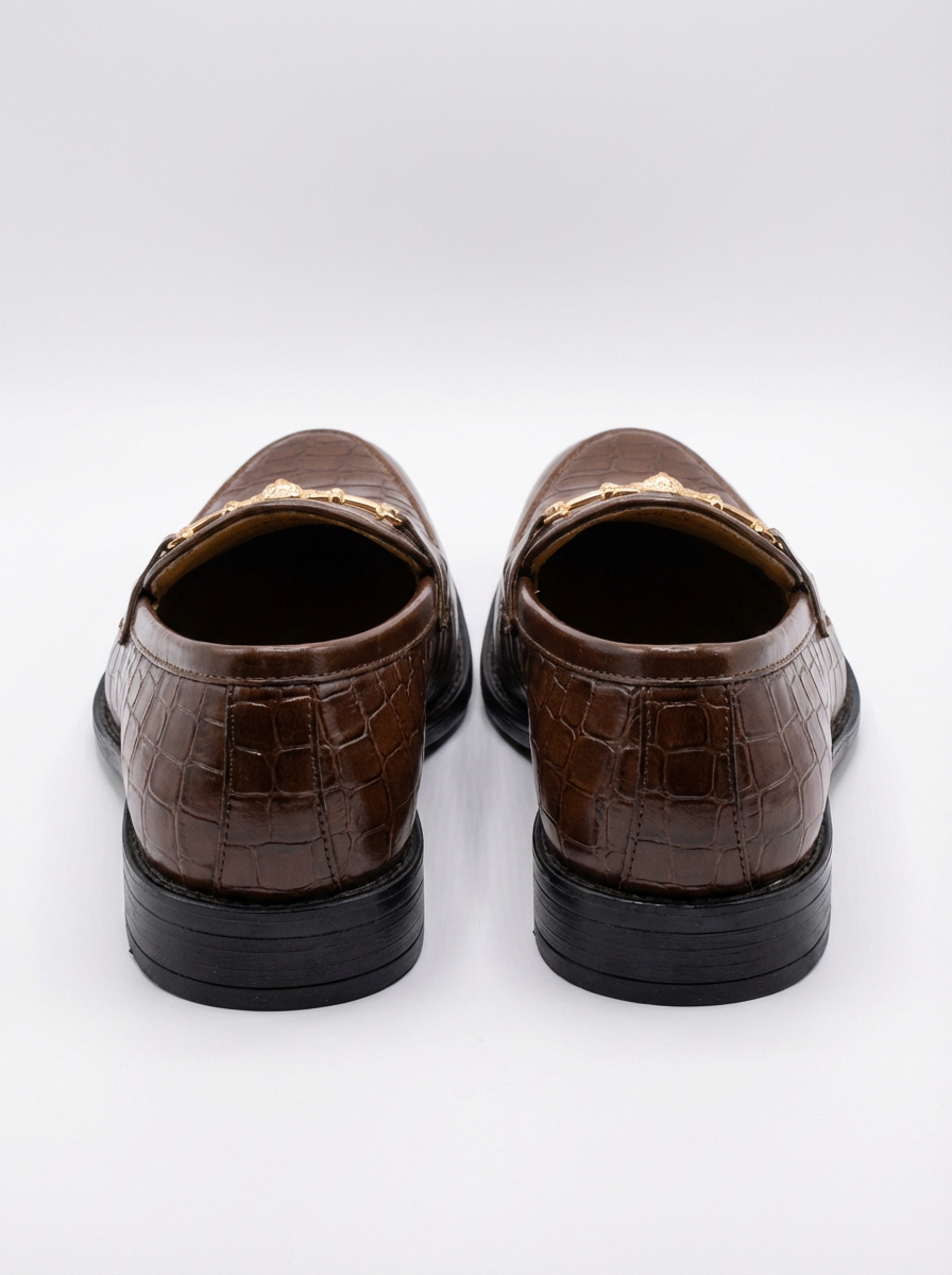 Men’s Premium Brown Crocodile Texture Loafers – Luxury Metal Buckle Formal Shoes for Men – Stylish Slip-On Office & Party Wear