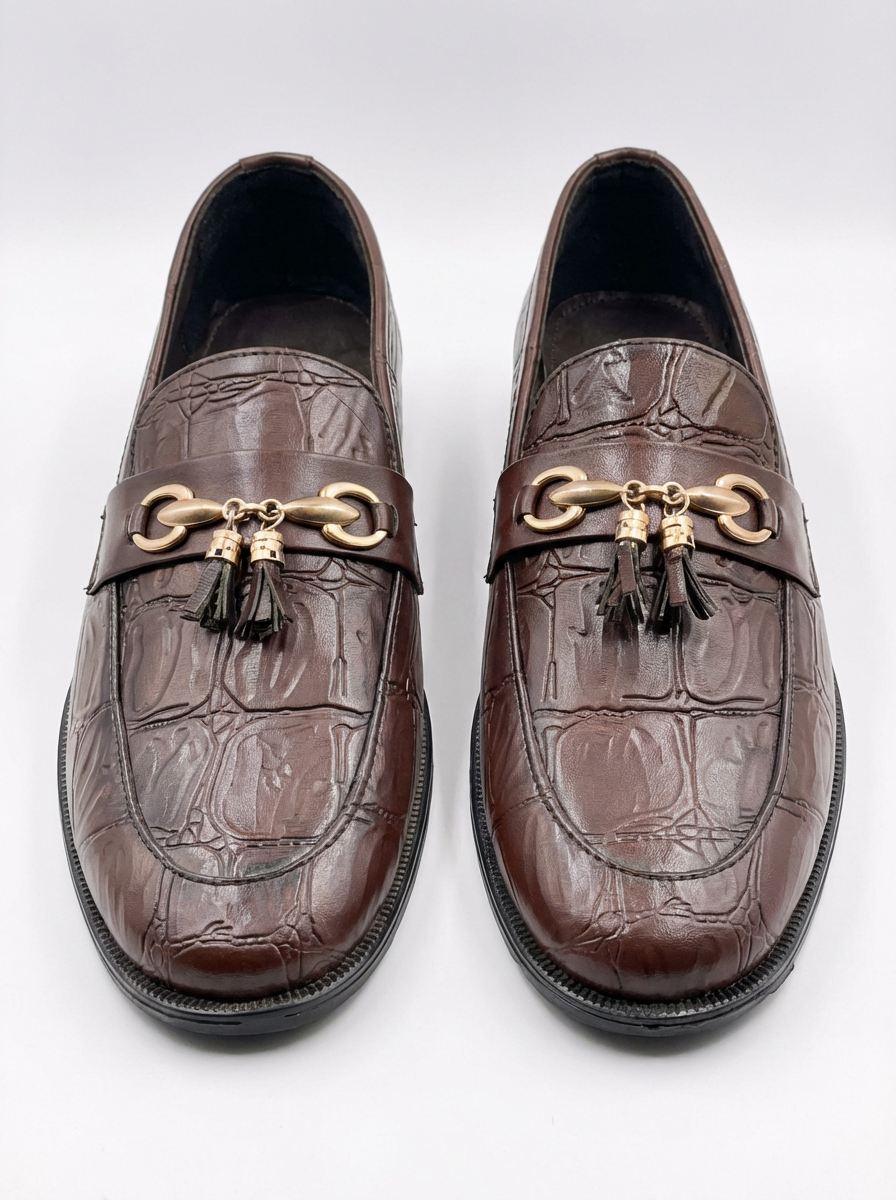 Premium Brown Crocodile Pattern Men’s Loafers – Luxury Tassel Slip-On Formal Shoes