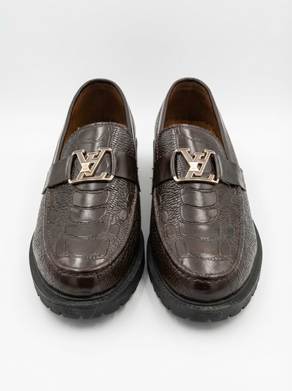 Men’s Luxury Crocodile Texture Loafers – Stylish Slip-On Formal & Casual Shoes with Metal Buckle – Comfortable Rubber Sole