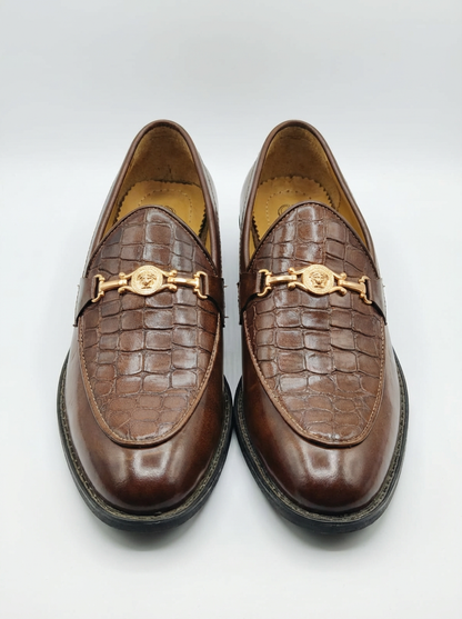 Men’s Premium Brown Crocodile Texture Loafers – Luxury Metal Buckle Formal Shoes for Men – Stylish Slip-On Office & Party Wear