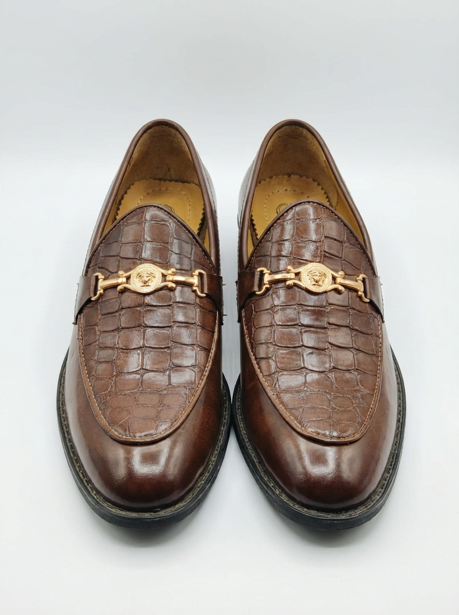 Luxury Brown Crocodile Texture Men’s Loafers with Gold Buckle – Premium Slip-On Formal Shoes