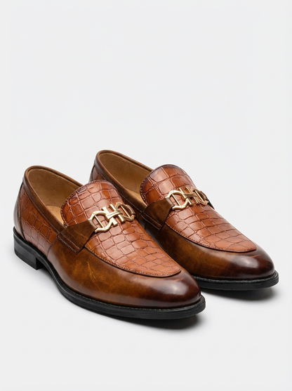 Men’s Brown Crocodile Texture Formal Loafers with Metal Buckle – Premium Slip-On Dress ShoesMen’s Brown Crocodile Texture Formal Loafers with Metal Buckle – Premium Slip-On Dress Shoes