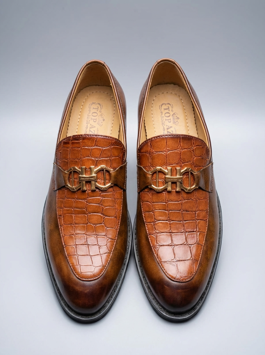 Men’s Brown Crocodile Texture Formal Loafers with Metal Buckle – Premium Slip-On Dress ShoesMen’s Brown Crocodile Texture Formal Loafers with Metal Buckle – Premium Slip-On Dress Shoes