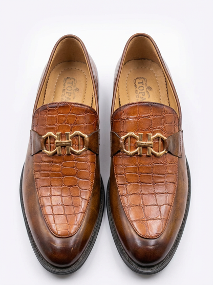 Men’s Brown Crocodile Texture Formal Loafers with Metal Buckle – Premium Slip-On Dress ShoesMen’s Brown Crocodile Texture Formal Loafers with Metal Buckle – Premium Slip-On Dress Shoes