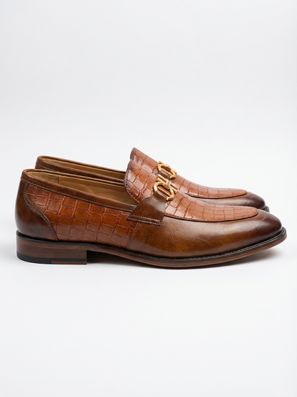 Men’s Brown Crocodile Texture Formal Loafers with Metal Buckle – Premium Slip-On Dress ShoesMen’s Brown Crocodile Texture Formal Loafers with Metal Buckle – Premium Slip-On Dress Shoes