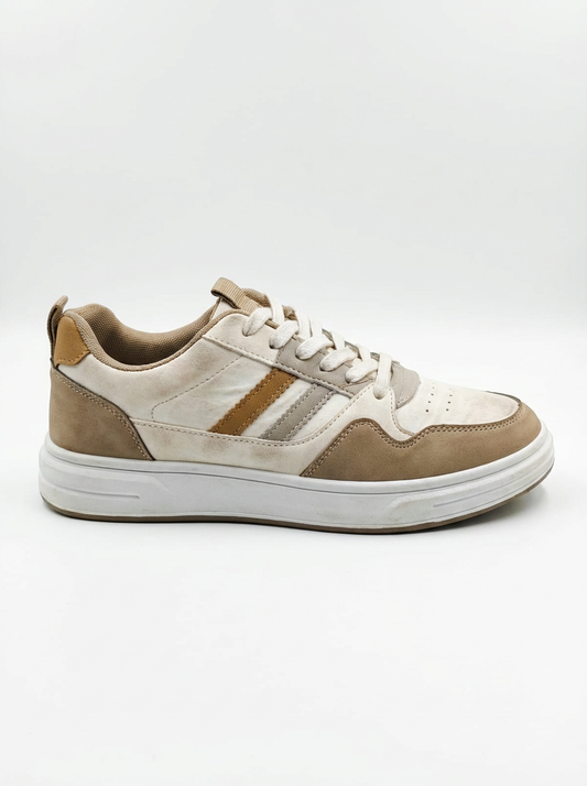 Men’s Beige & White Casual Sneakers – Stylish Lace-Up Comfortable Everyday Fashion Shoes for Men