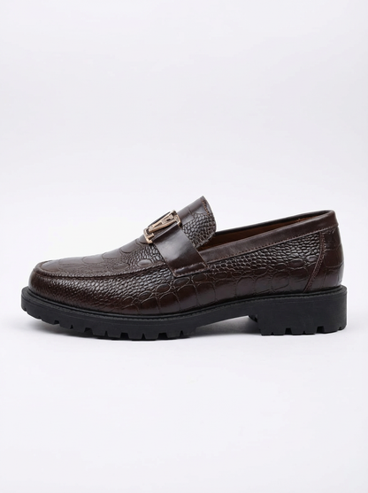 Men’s Luxury Crocodile Texture Loafers – Stylish Slip-On Formal & Casual Shoes with Metal Buckle – Comfortable Rubber Sole