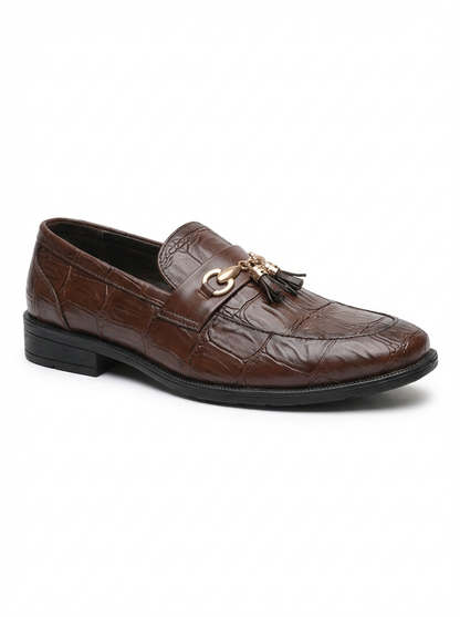 Premium Brown Crocodile Pattern Men’s Loafers – Luxury Tassel Slip-On Formal Shoes
