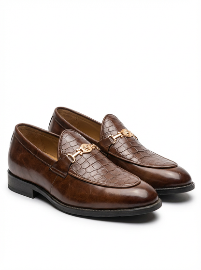 Men’s Premium Brown Crocodile Texture Loafers – Luxury Metal Buckle Formal Shoes for Men – Stylish Slip-On Office & Party Wear