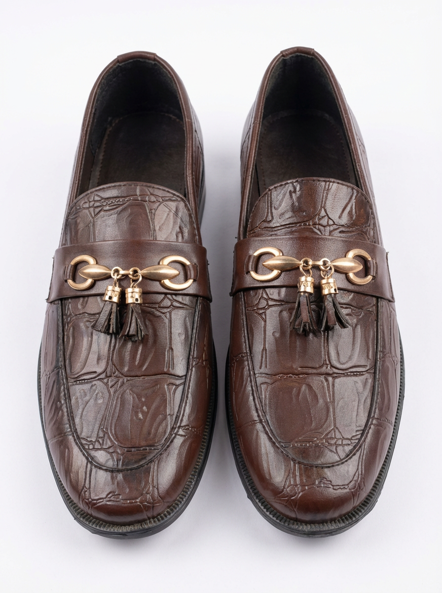 Premium Brown Crocodile Pattern Men’s Loafers – Luxury Tassel Slip-On Formal Shoes
