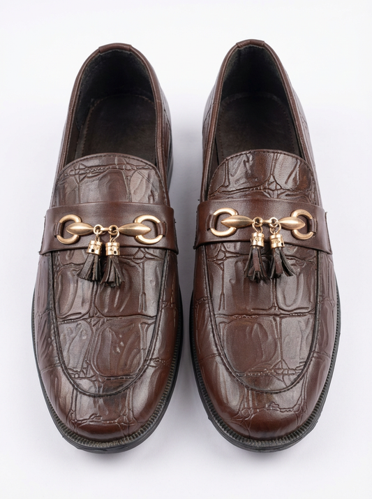 Premium Brown Crocodile Pattern Men’s Loafers – Luxury Tassel Slip-On Formal Shoes